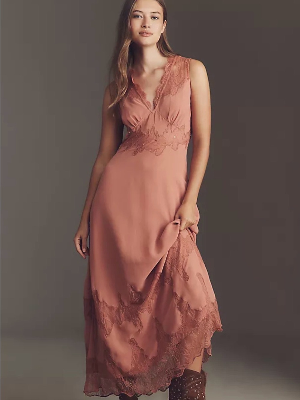Anthropologie Rosewood Lace-Trim Sleeveless Maxi Dress